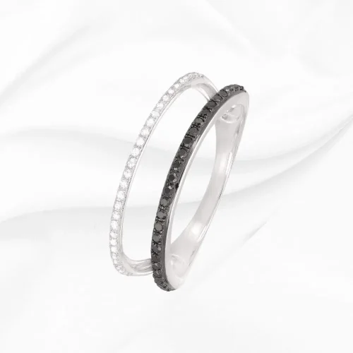 Alliance double rangs, diamants blancs 0,07ct et diamants noirs 0,11ct, en Or Blanc 18k, L'Etabli du Bijoutier