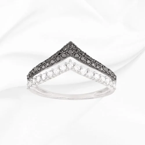 Alliance forme V double rang, diamants blancs 0,23ct et noirs 0,22ct, Or Blanc 18k, L'Etabli du Bijoutier