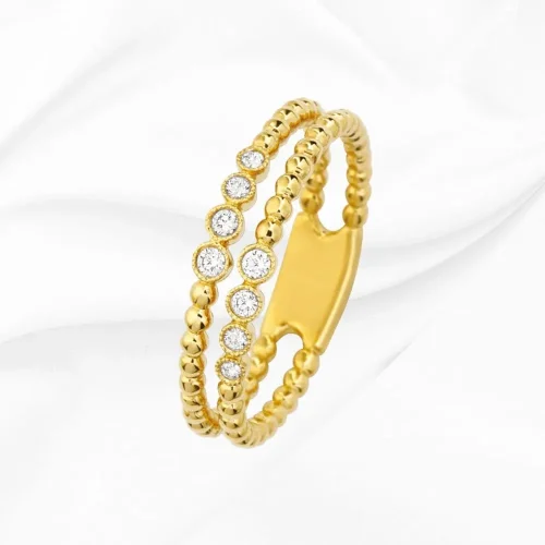 Alliance double ligne perlée, diamants 0,10ct, Or jaune 18k, L'Etabli du Bijoutier