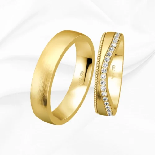 Alliances homme et femme en or jaune 18k, promesse n°1 et n°2, L'Etabli du Bijoutier, Haguenau