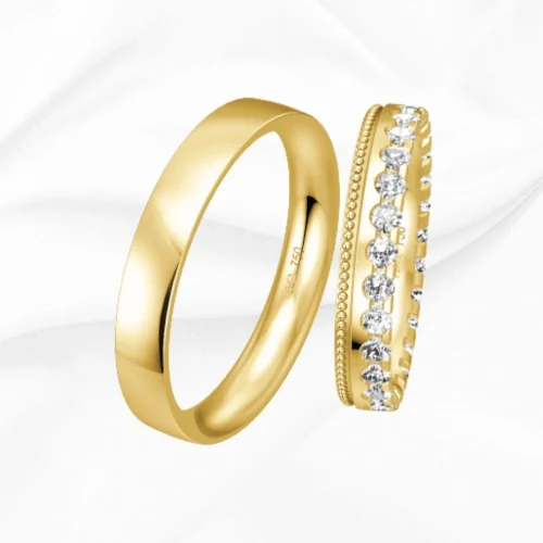 Alliances homme et femme en or jaune 18k, promesse n°9 et n°10, L'Etabli du Bijoutier, Haguenau