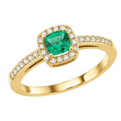 Bague Bellagio en or jaune 18k avec émeraude taille coussin entourée de diamants