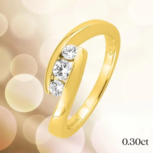 Bague décalée trilogie de diamants en or jaune 18k, 0.30ct, Mathilde, L'Etabli du Bijoutier, Haguenau