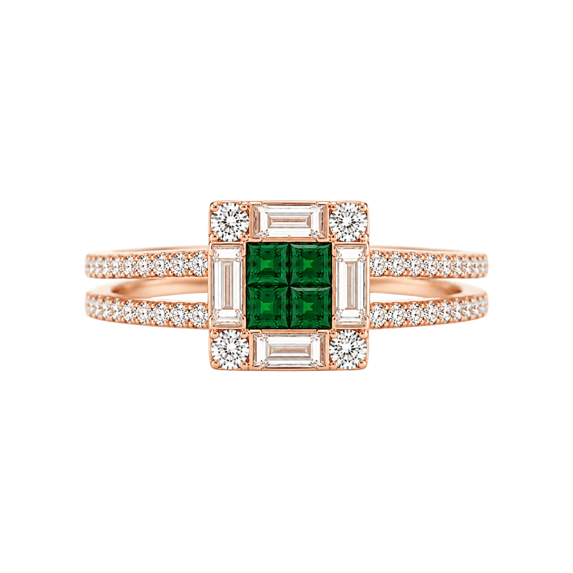Bague centre Emeraude carré entourage diamants baguettes et double corps en diamants en Or Rose 750/000, L'Etabli du Bijoutier, Haguenau