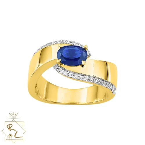 Bague large saphir et diamants en or jaune 750/000, L'Etabli du Bijoutier, Haguenau