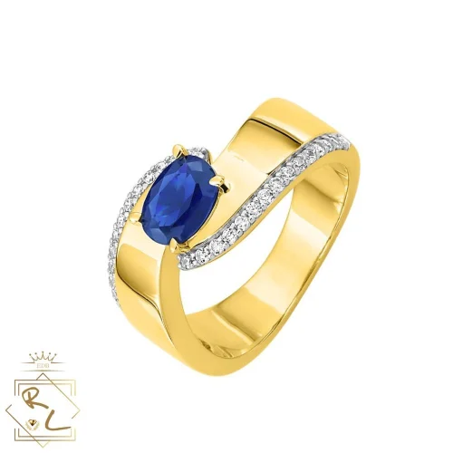 Bague large saphir et diamants en or jaune 750/000, L'Etabli du Bijoutier, Haguenau