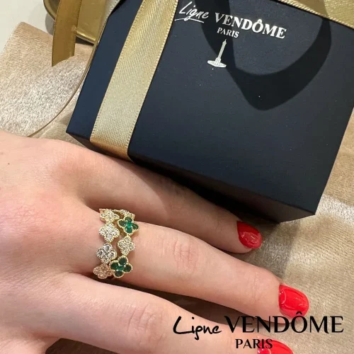 Bague multi trèfles en or Blanc et Jaune 18k Emeraude et diamants blanc, Ligne Vendôme, L'Etabli du Bijoutier