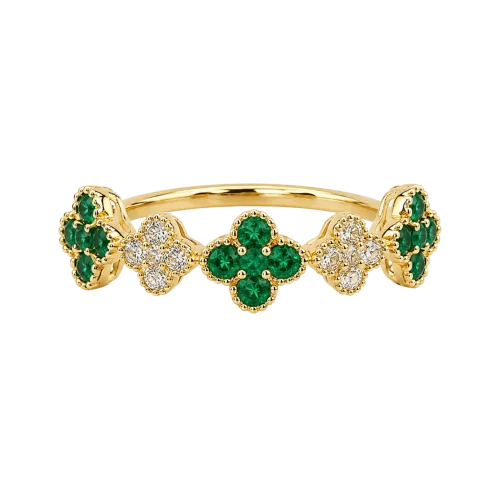 Bague multi trèfles en or jaune 18k, émeraude et diamants, Ligne Vendôme, L'Etabli du Bijoutier, Haguenau