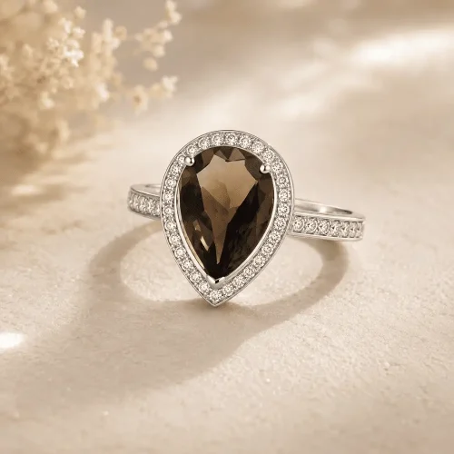 Bague quartz fumé taille poire et diamants en or blanc 18k, Eclipse, L'Etabli du Bijoutier, Haguenau