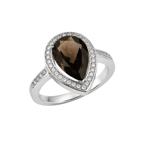 Bague quartz fumé taille poire et diamants en or blanc 18k, Eclipse, L'Etabli du Bijoutier, Haguenau