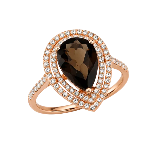 Bague quartz fumé taille poire et diamants en or rose 18k, Eclipse, L'Etabli du Bijoutier, Haguenau