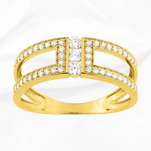 Bague trilogie en or jaune 18k et pavage oxydes de zirconium, L'Etabli du Bijoutier