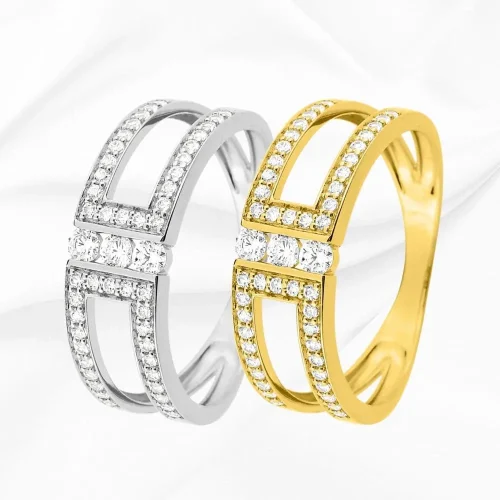 Bagues trilogie en Or Blanc et Jaune 18k et pavage oxyde de zirconium, L'Etabli du Bijoutier