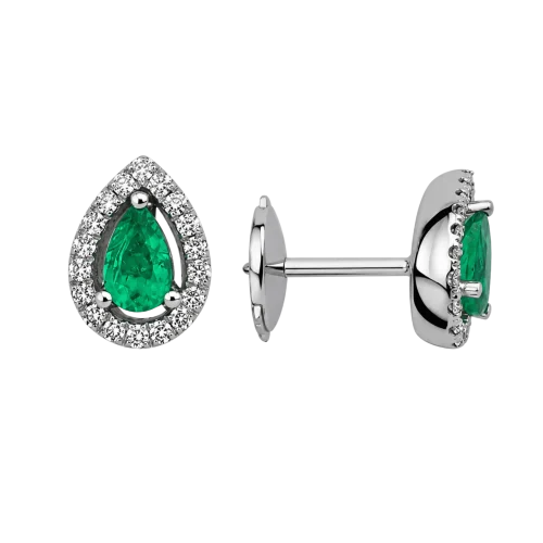 Boucles d’oreilles émeraude taille poire entourées de diamants en or blanc 18k, L'Etabli du Bijoutier, Haguenau