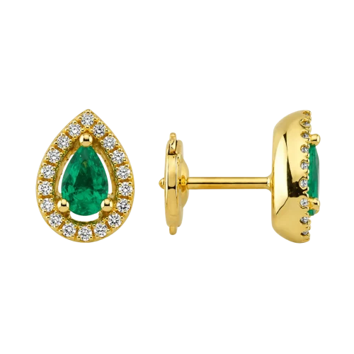 Boucles d’oreilles émeraude taille poire entourées de diamants en or jaune 18k, L'Etabli du Bijoutier, Haguenau