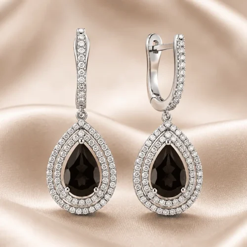 Boucles d'oreilles quartz fumé taille poire et diamants en or blanc 750/000, L'Etabli du Bijoutier, Haguenau
