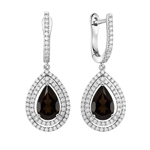 Boucles d'oreilles quartz fumé taille poire et diamants en or blanc 750/000, L'Etabli du Bijoutier, Haguenau