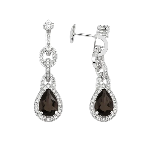 Boucles d’oreilles quartz fumé taille poire et diamants en or blanc 18k