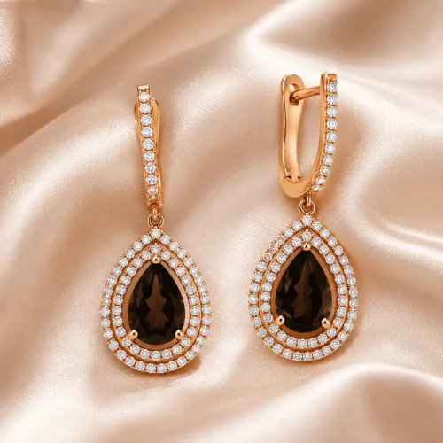Boucles d'oreilles quartz fumé taille poire et diamants en or rose 750/000, L'Etabli du Bijoutier, Haguenau