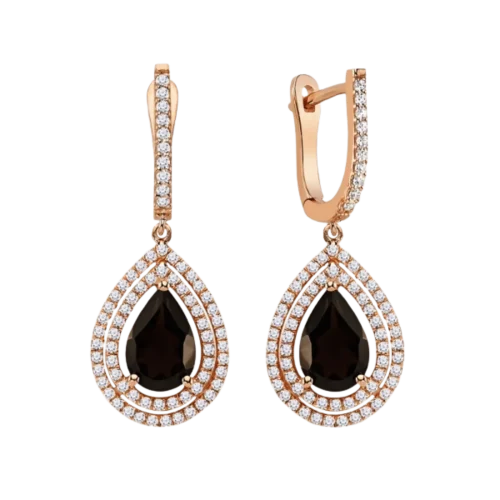 Boucles d'oreilles quartz fumé taille poire et diamants en or rose 750/000, L'Etabli du Bijoutier, Haguenau