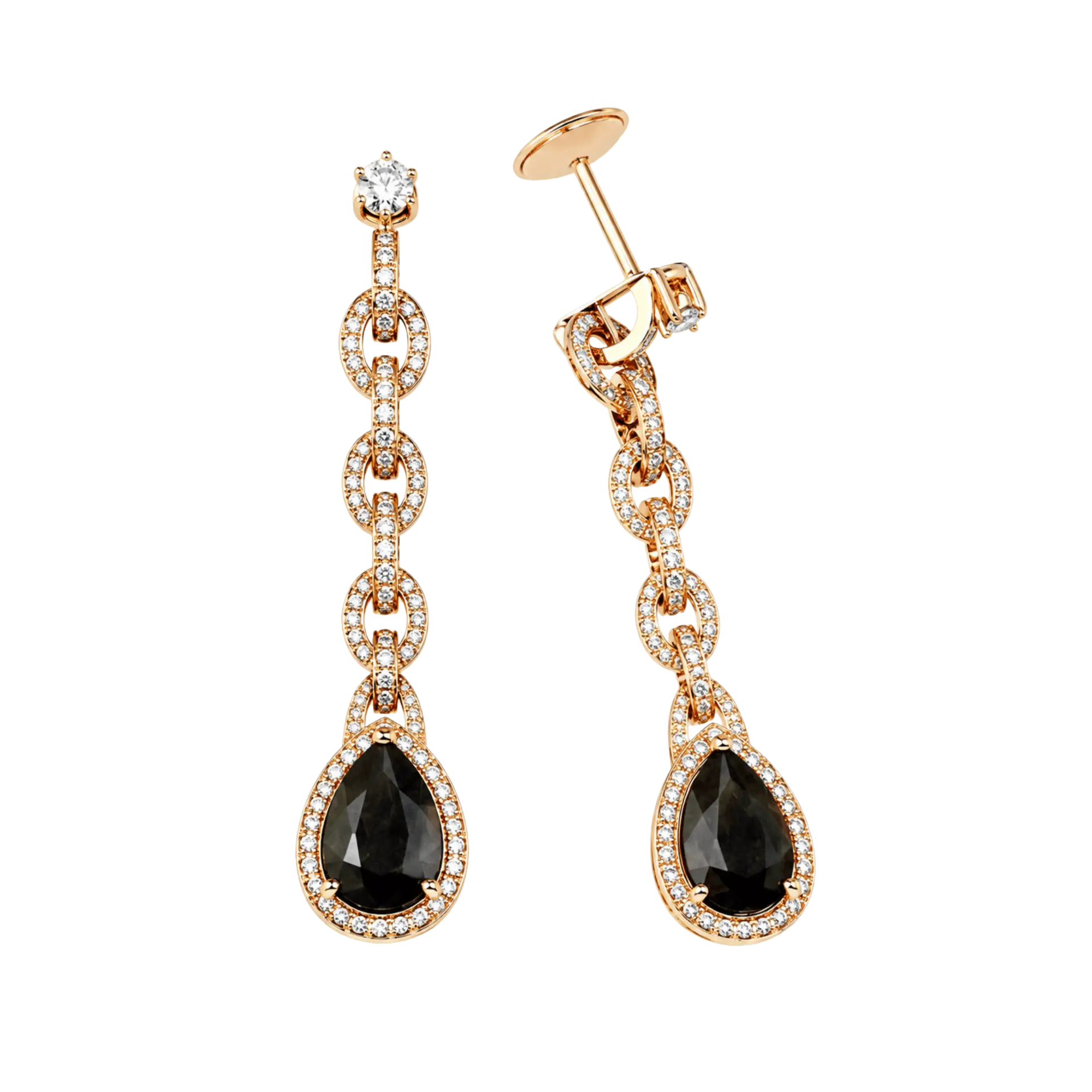 Boucles d’oreilles quartz fumé taille poire et diamants en or rose 18k, L'Etabli du Bijoutier, Haguenau