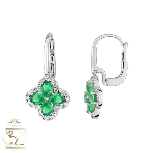 Boucles d'oreilles trèfles émeraudes et diamants en Or Blanc 750/000, L'Etabli du bijoutier, Haguenau