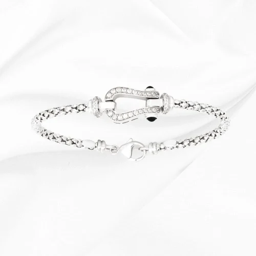Bracelet jonc pop-corn 3.5mm motif étriers avec zirconiums 60x50mm pauline en Argent 925/000 rhodié L'Etabli du Bijoutier Haguenau