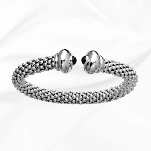 Bracelet jonc résilles 9mm avec boules et onyx 58mm en Argent 925/000 rhodie L'Etabli du Bijoutier Haguenau
