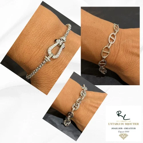 Bracelet maille marine, bracelet jonc pop-corn, Marine et Pauline en Argent 925/000 rhodié, L'Etabli du Bijoutier Haguenau