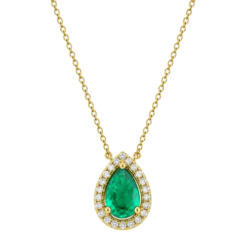 Collier émeraude taille poire entourée de diamants en or jaune 18k, L'Etabli du Bijoutier, Haguenau