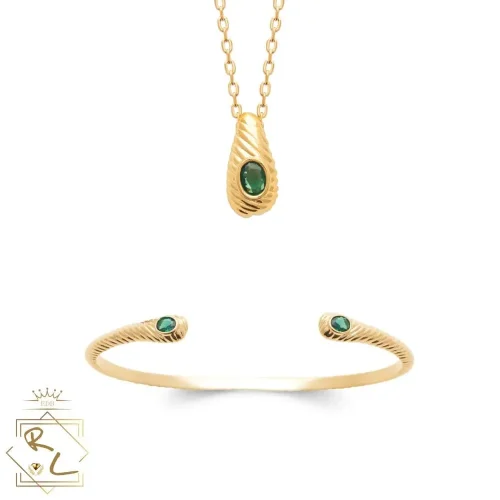 Collier et jonc ouvert en plaqué or et pierres vertes, Veralda, L'Etabli du Bijoutier, Haguenau