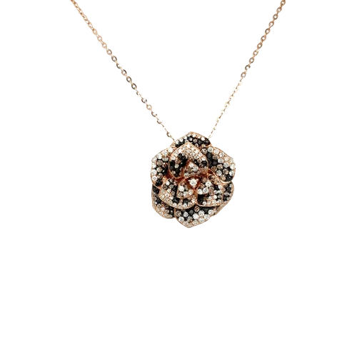 Collier fleur en or rose 18k diamants blancs noirs et bruns, Fleur de minuit, L'Etabli du bijoutier, Haguenau