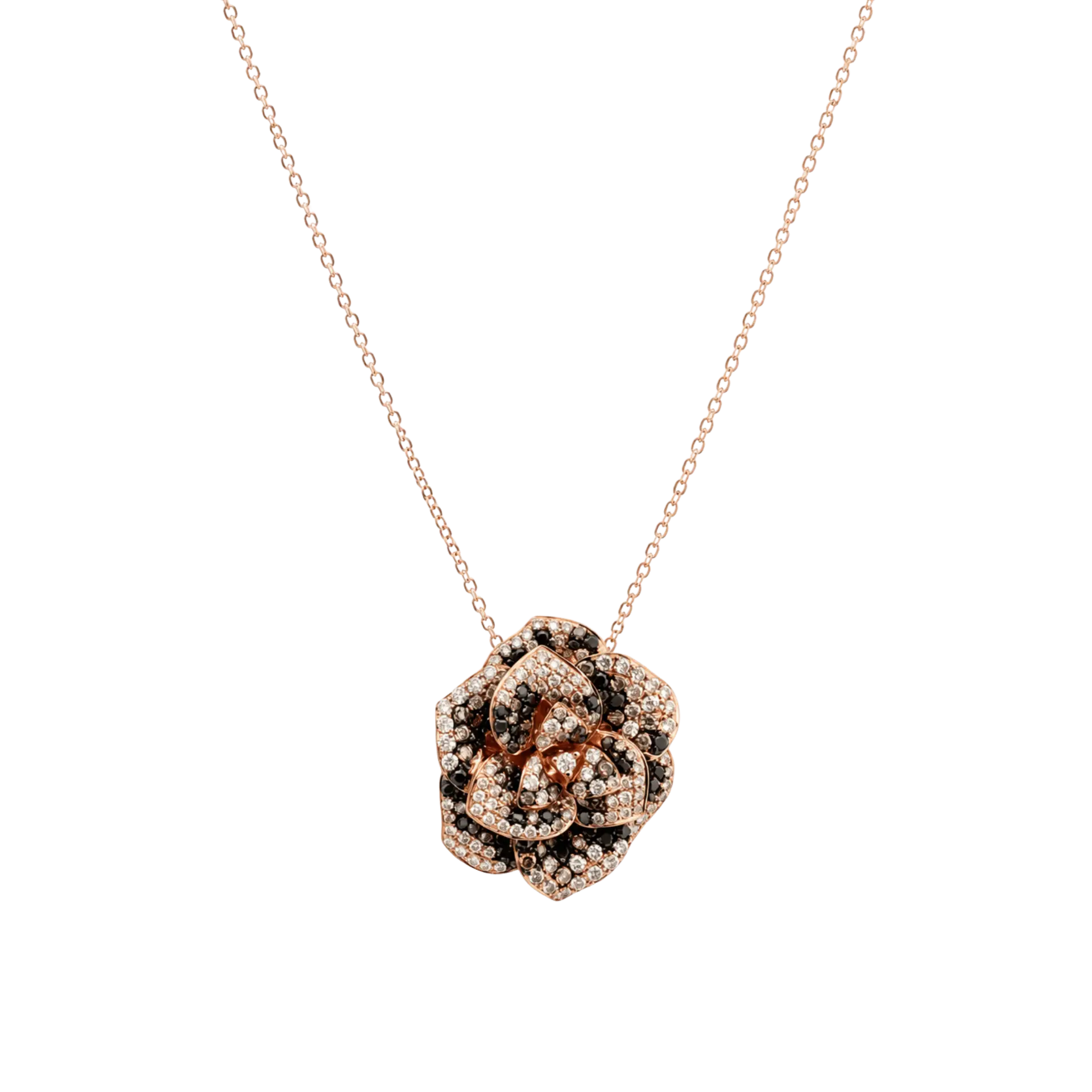 Collier fleur en or rose 18k diamants blancs noirs et bruns, Fleur de minuit, L'Etabli du bijoutier, Haguenau
