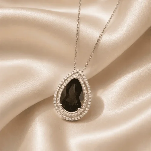 Collier quartz fumé taille poire et diamants en or blanc 18k, L'Etabli du Bijoutier, Haguenau