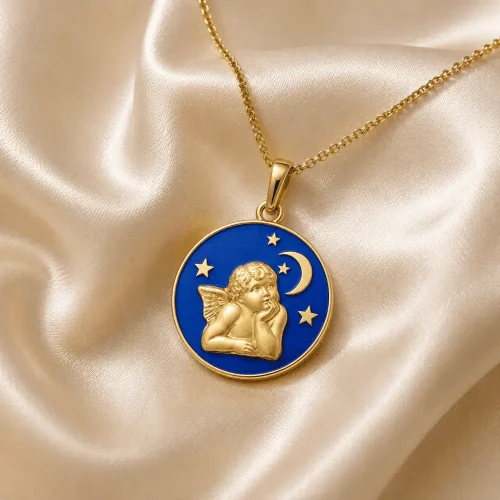 Médaille ange étoiles et lune émail bleu en or jaune 18k enfants L'Etabli du Bijoutier, Haguenau