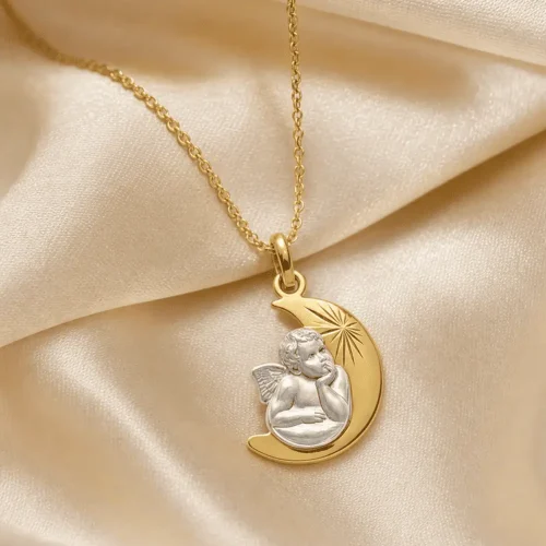 Médaille ange lune en or jaune et blanc, L'Etabli du Bijoutier, Haguenau