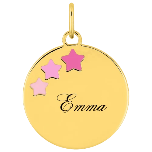 Médaille de baptême Emma en or jaune portée sur une chaîne en or vendue séparément