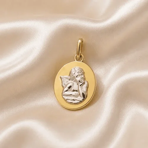 Pendentif médaillon ovale ange en or bicolore jaune et blanc, L'Etabli du Bijoutier, Haguenau