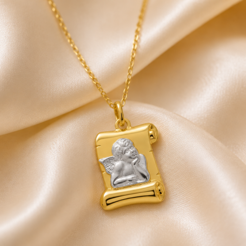 Pendentif parchemin ange en or bicolore jaune et blanc 18k, bijou enfant, L'Etabli du Bijoutier, Haguenau