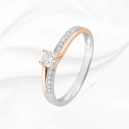 Solitaire accompagne bicolore en or 750/000 Blanc et Rose, diamant central 0.16ct, poids total 0.22ct, L'Etabli du Bijoutier