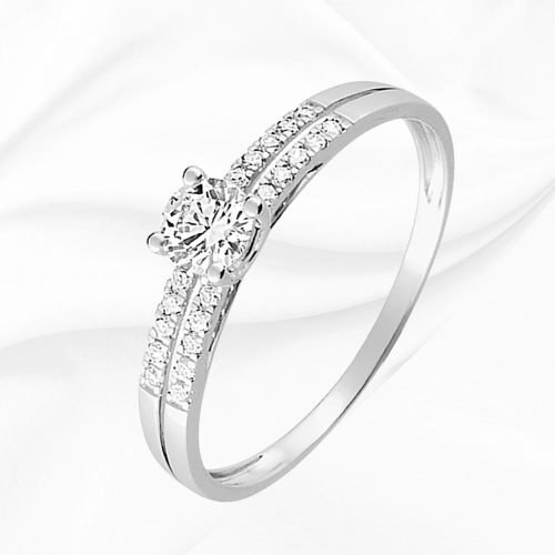 Solitaire accompagné double rangs en or blanc 375/000 et oxydes de zirconium, Angèle, L'Etabli du Bijoutier, Haguenau