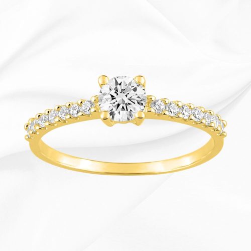 Solitaire accompagné en or jaune, oxydes de zirconium, serti griffes, Inaya, L'Etabli du Bijoutier, Haguenau