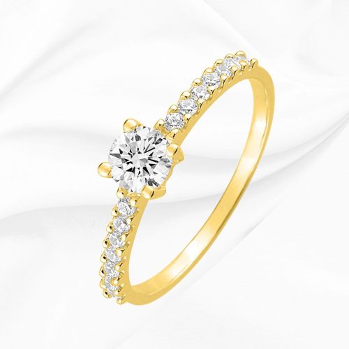 Solitaire accompagné en or jaune, oxydes de zirconium, serti griffes, Inaya, L'Etabli du Bijoutier, Haguenau