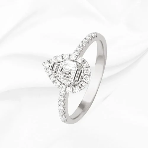 Solitaire accompagne forme poire diamants ronds et baguettes total 0.45ct en Or Blanc 18k, L'Etabli du Bijoutier