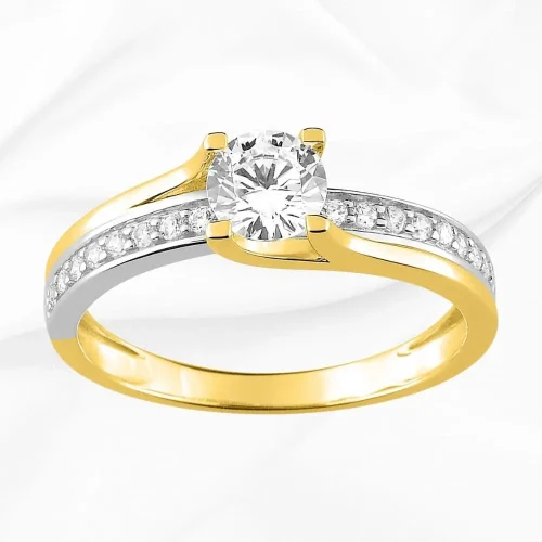 Solitaire accompagné bicolore en Or Jaune et Blanc et zirconiums, L'Etabli du Bijoutier