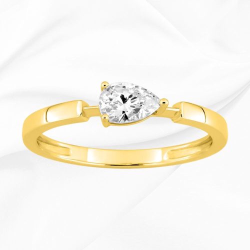 Solitaire en or jaune 375/000, zirconium poire, serti griffes, Sarah, L'Etabli du Bijoutier, Haguenau