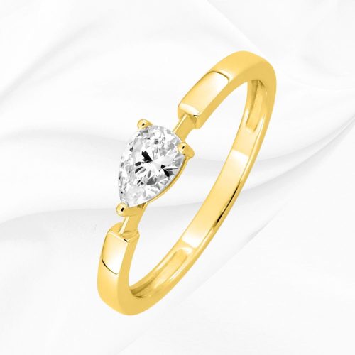 Solitaire en or jaune 375/000, zirconium poire, serti griffes, Sarah, L'Etabli du Bijoutier, Haguenau