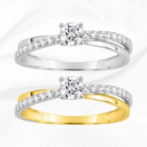 Solitaires croisés en Or Blanc et Jaune 18k et zirconiums, L'Etabli du Bijoutier